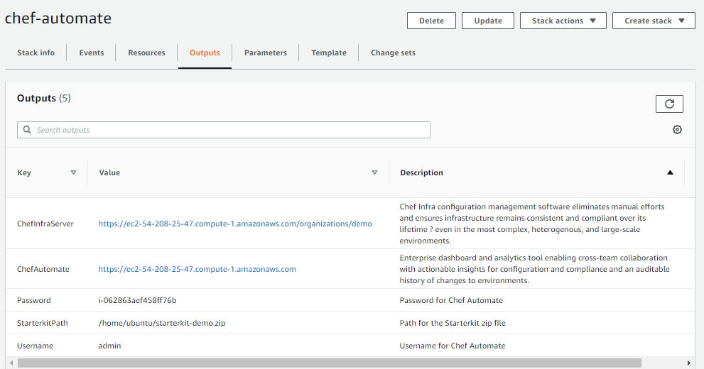 AWS Chef Automate deployment Outputs tab contains your instance URL, user name, and password 